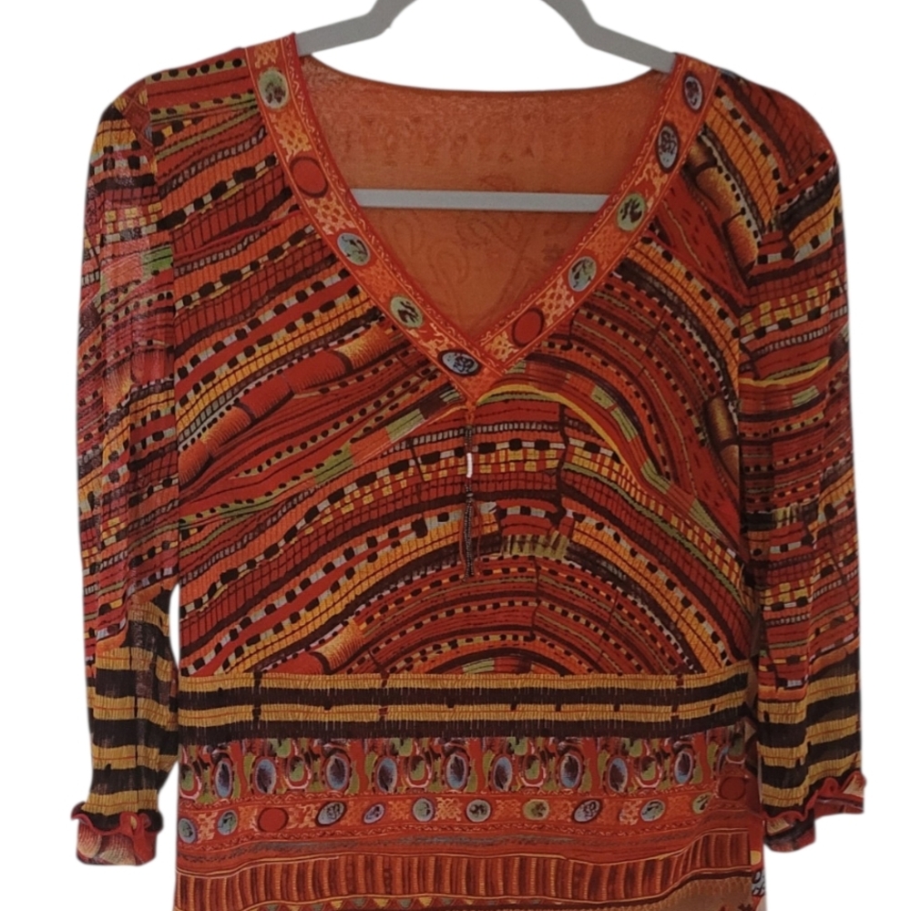 Giorzio Boho Tribal Print Orange Blouse XL 3/4 Sleeve Festival Hippie Top